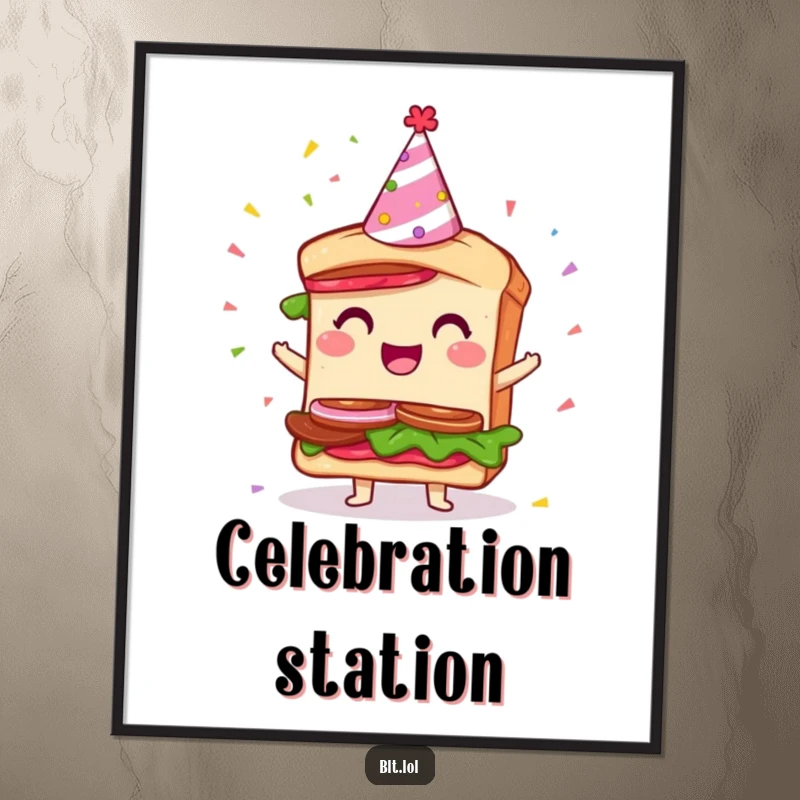 Funny Party BLT Sandwich Poster: A humorous art print of a giddy BLT sandwich wearing a party hat and surrounded by falling confetti.