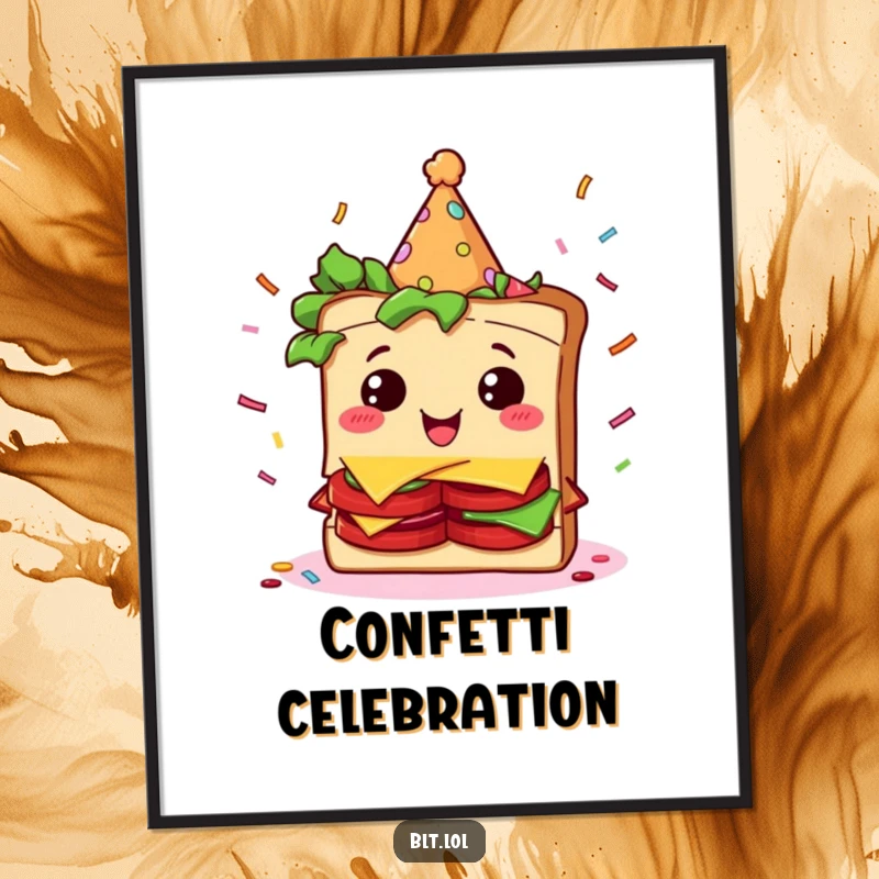 Funny BLT sandwich character adorned with a party hat, joyfully amidst falling confetti, presented as a wall art print.