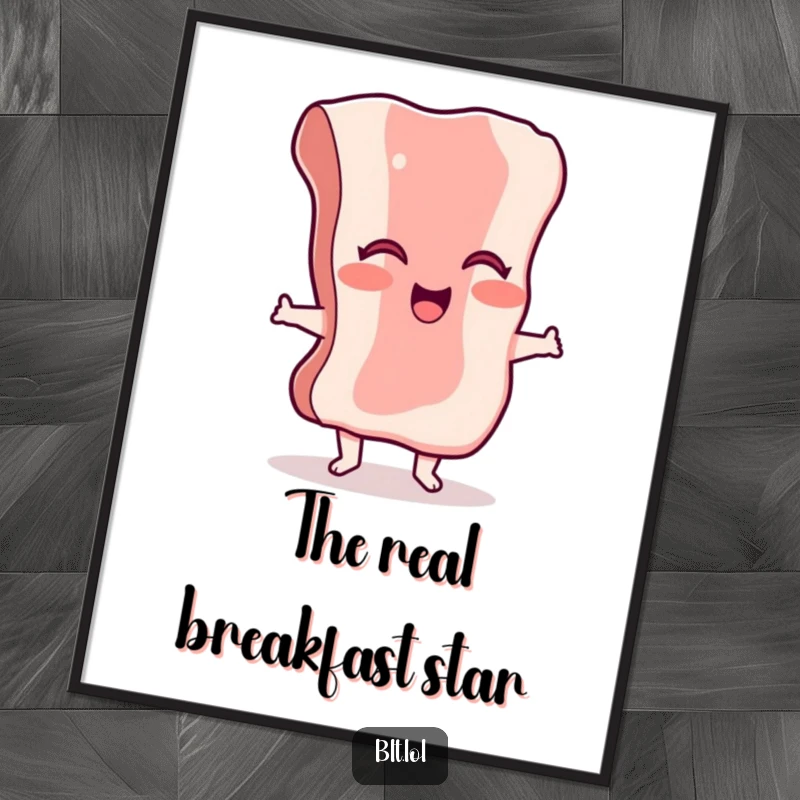 Funny dancing bacon character poster, radiating giggles and energy, perfect for adding humor to wall decor.