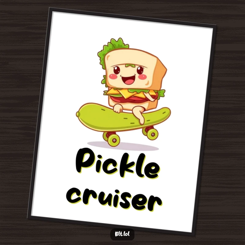 Funny BLT sandwich character smiling while riding a giant pickle as a skateboard, presented as an action-packed art print.