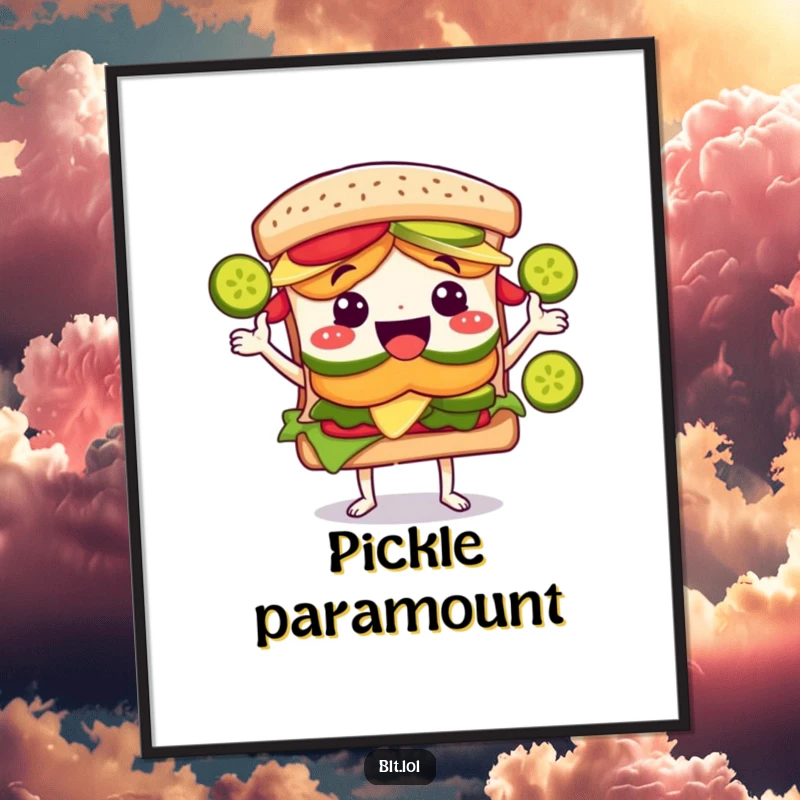 Funny BLT sandwich character in mid-air, gleefully juggling several green pickle slices, presented as a vibrant art print.