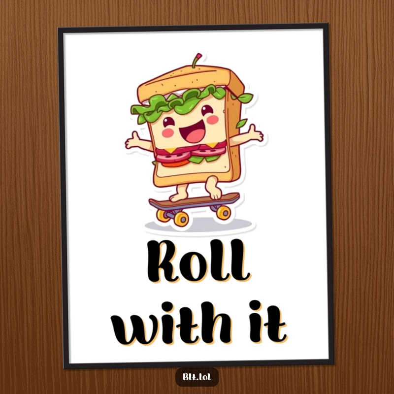 Funny poster of a BLT sandwich riding a tiny skateboard with pure joy, celebrating youthfulness and good times.