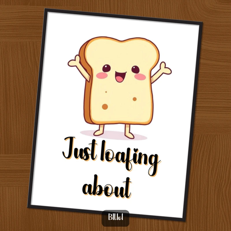 Funny poster of a joyful anthropomorphic bread slice with its arms raised, adding cheerful foodie vibes.