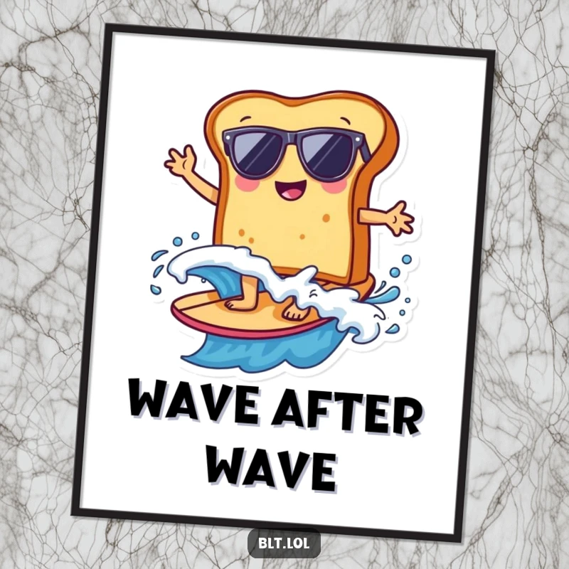 Funny bread slice in sunglasses surfing a wave, rendered as radical beach art, bringing cool vibes to any wall.