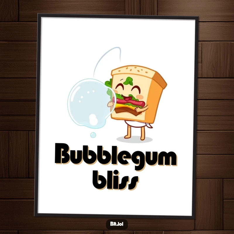 Funny Bubble Blowing BLT Sandwich Poster, a sandwich character blowing a large bubble, whimsical wall art, perfect gift.