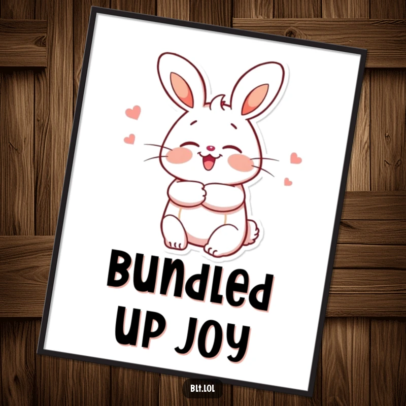 Funny enthusiastic bun character giving a hug, presented as charming wall art poster for a cozy atmosphere.