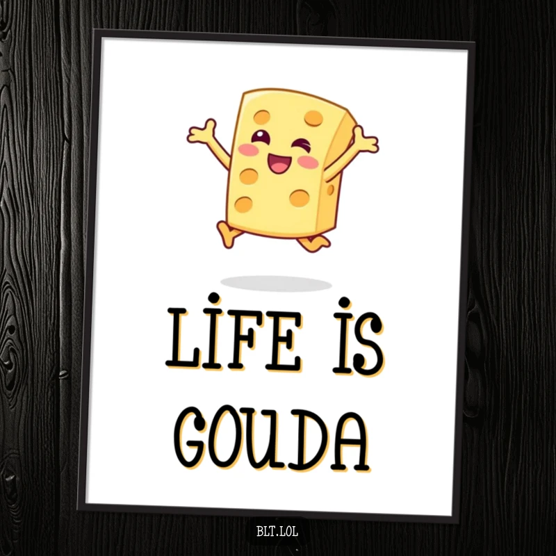 Funny Poster displaying a happy cheese slice character doing a joyful jump, a whimsical and humorous food artwork.