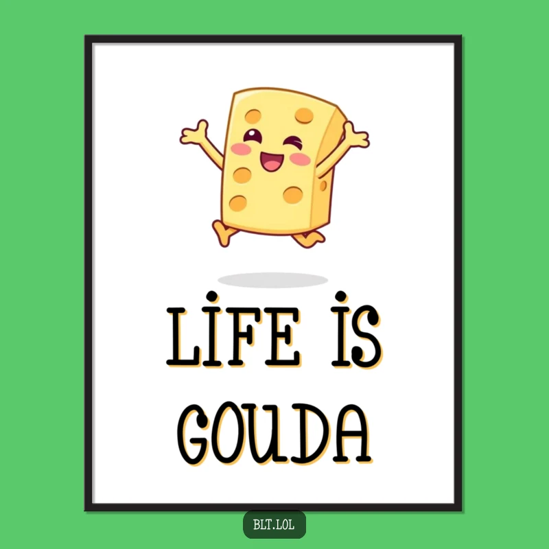 Funny Cheese Slice Poster Happy Jumping Character Whimsical Wall Art Gift