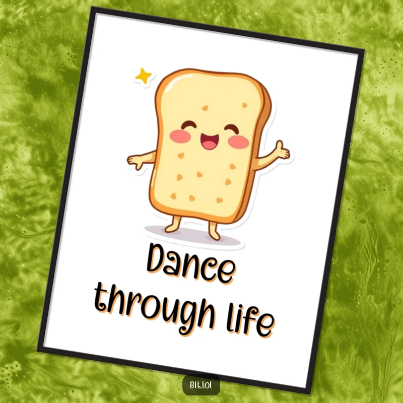 Funny cheesy bread character in a jubilant happy dance pose, featured on a vibrant and cheerful poster.