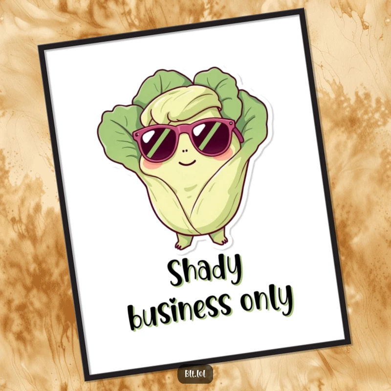 Funny Poster: A cool lettuce character in sunglasses, chilling with an attitude. Ideal funny wall art.