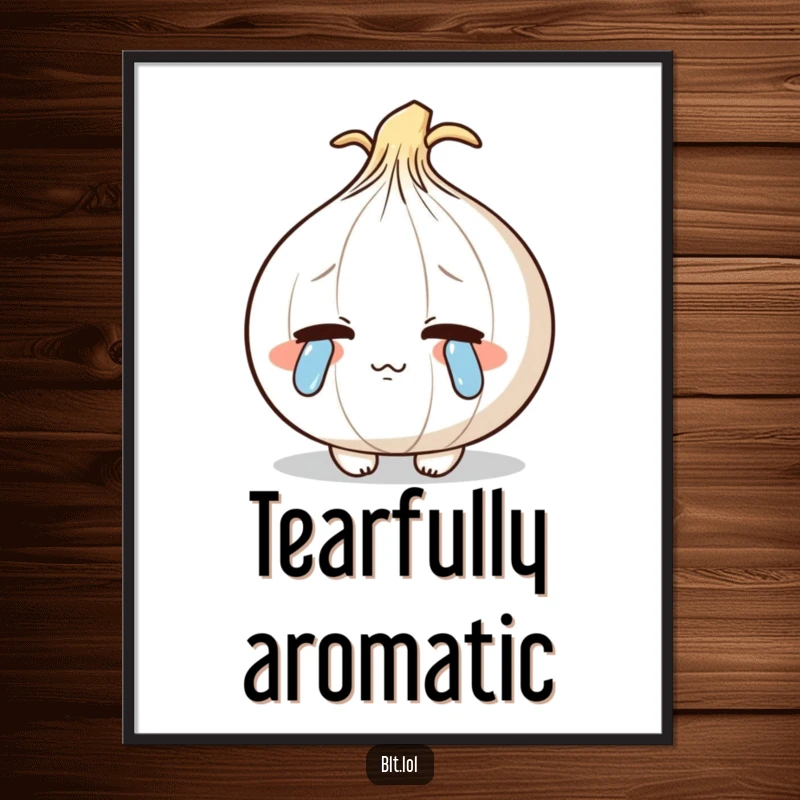 Funny shy anthropomorphic onion blushing and shedding cartoon tears, a gentle and humorous art print.