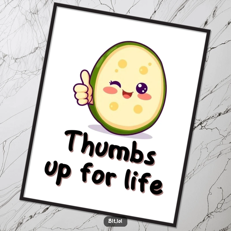 Funny happy pickle slice giving a thumbs up on a poster, bringing positive vibes to wall art for a funny gift.