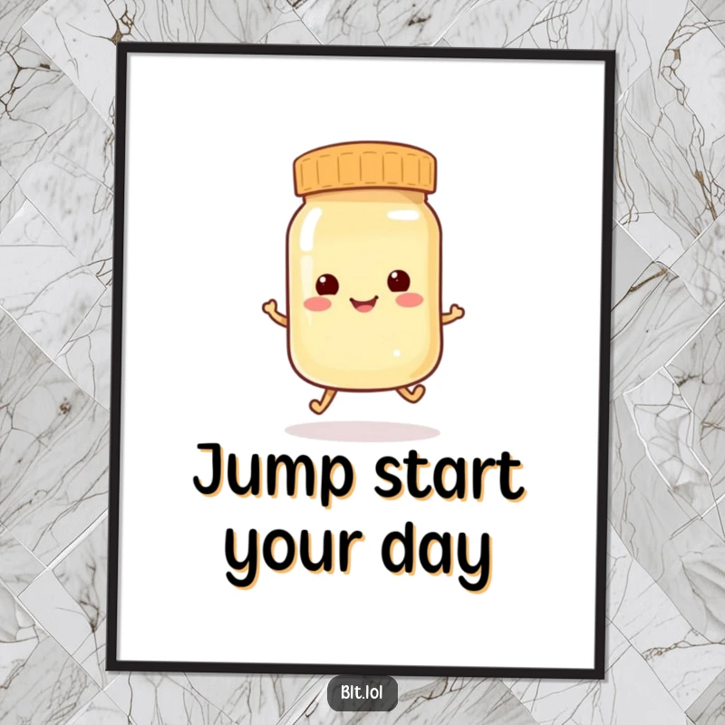 Funny anthropomorphic mayonnaise jar character hopping with glee, a playful and humorous art print.