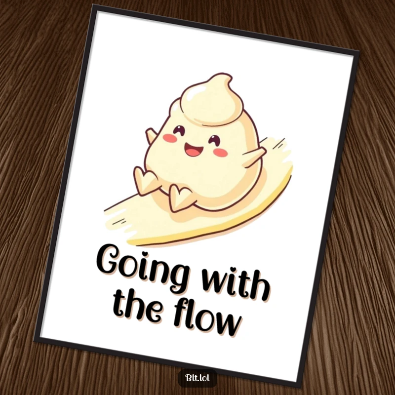 Funny Poster displaying a cheerful mayonnaise blob character sliding downhill happily, a whimsical and humorous food artwork.
