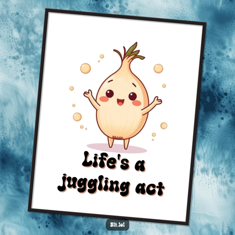 Funny playful onion ring juggling tiny circles on a poster, bringing whimsical humor to wall art for a funny gift.
