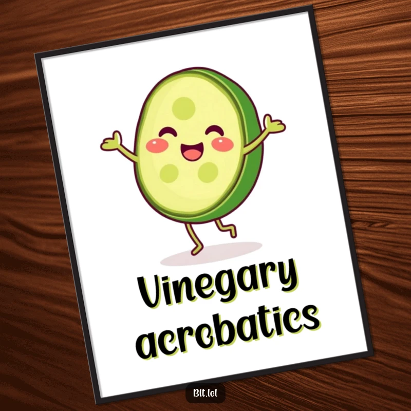 Funny pickle slice executing a lively cartwheel, full of zest, this poster is a cheerful and humorous piece of wall art.