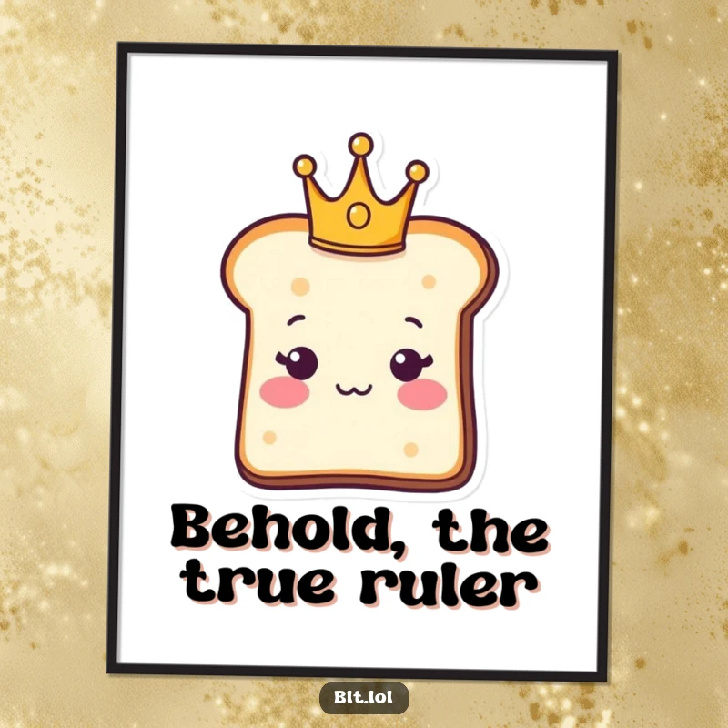 Funny Poster: A bread slice character wearing a tiny crown, looking majestic. Perfect funny wall art.