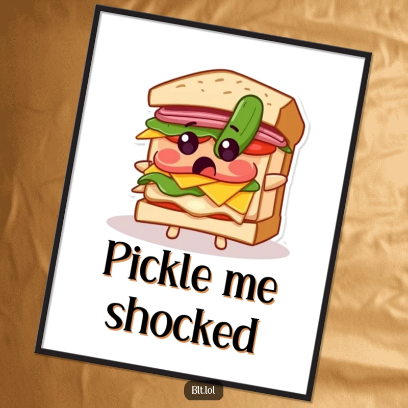 Funny poster of a BLT sandwich with wide eyes reacting to a falling pickle, capturing a priceless moment of surprise.