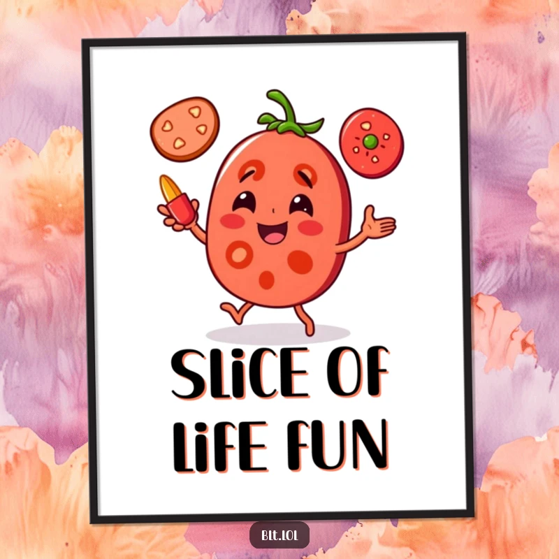 Funny Tomato Juggling Poster: A joyful tomato slice character is juggling pepper slices, creating whimsical and humorous veggie art.