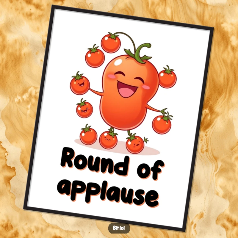 Funny tomato poster featuring a laughing tomato juggling tiny tomato friends, bringing whimsical garden humor to decor.