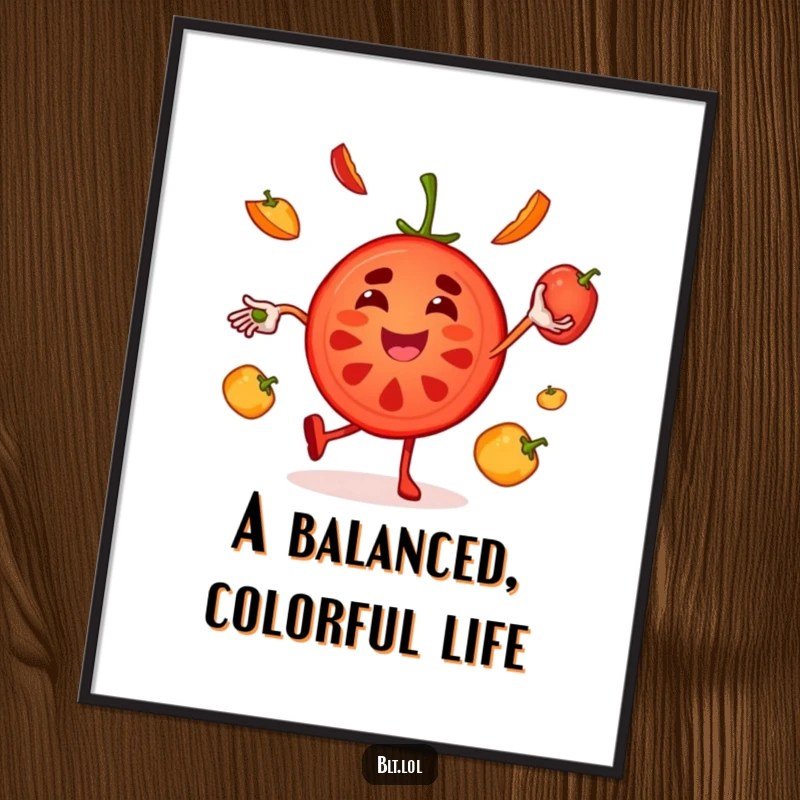 Funny juggling tomato character poster, radiating happiness and skilled performance, perfect for a lively wall display.