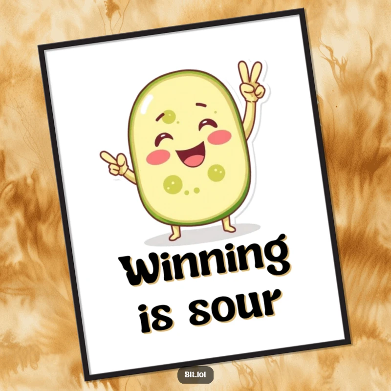 Funny poster featuring a smiling pickle slice striking a dynamic victory pose, a humorous celebration of achievement.