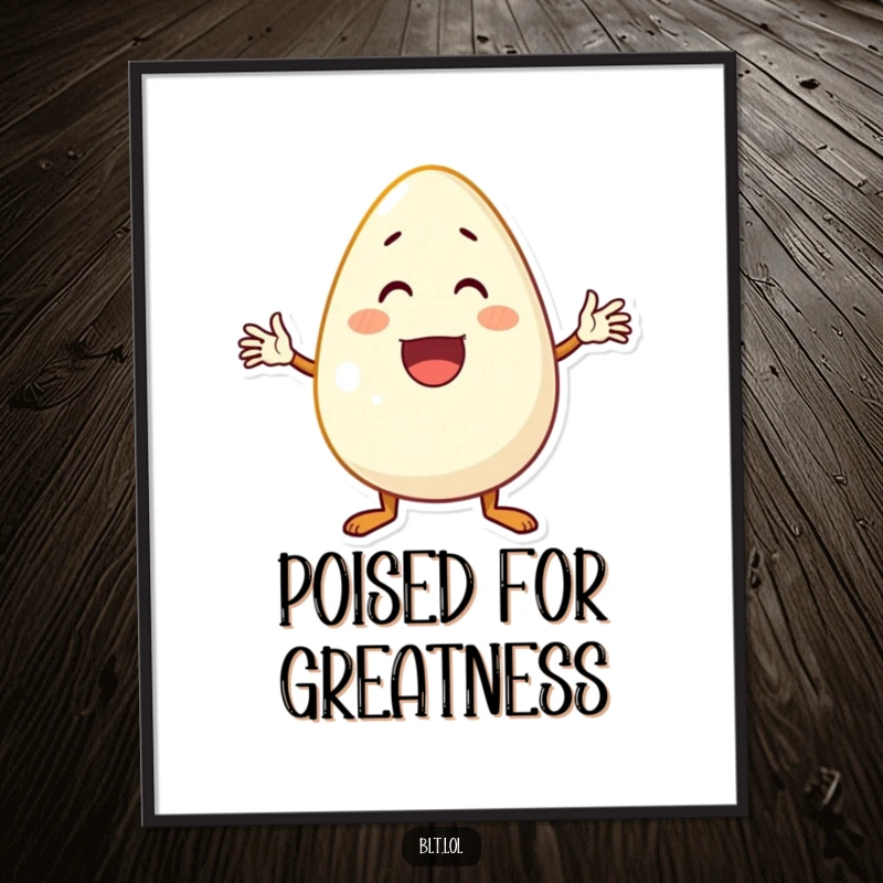 Funny excited anthropomorphic egg character waving hello, a vibrant and humorous wall art print.