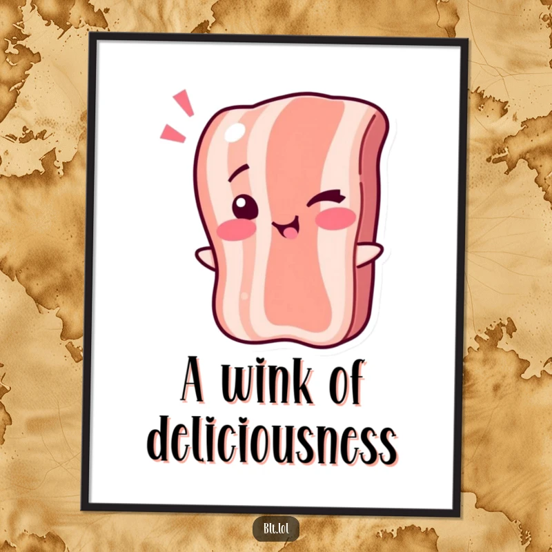 Funny Poster: A bacon strip character winking playfully, full of charm. Perfect funny wall art.