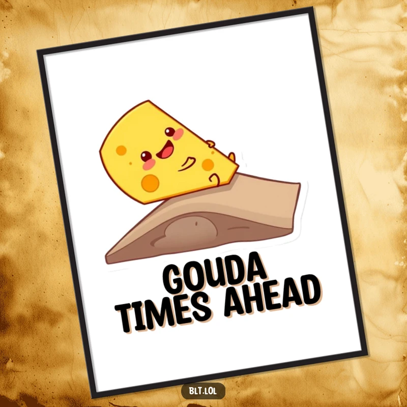 Funny giggling cheese slice sliding down a ramp, rendered as charming wall art, bringing dairy humor to any room.