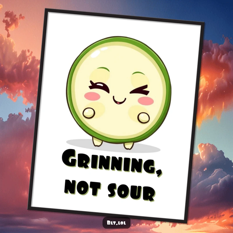 Funny Poster displaying a winking pickle slice character with a mischievous grin, a whimsical and humorous food artwork.