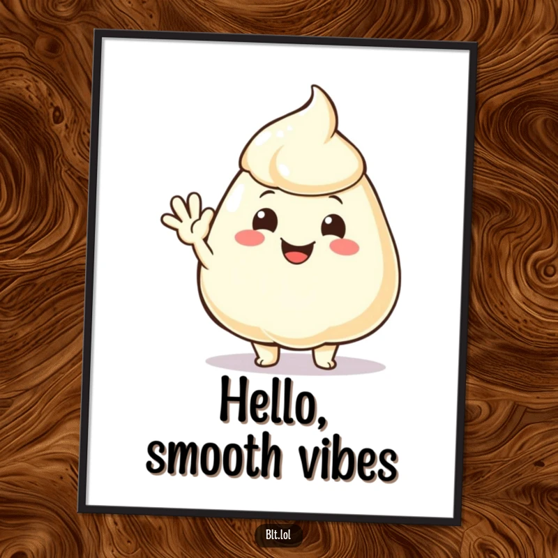 Funny joyful mayonnaise dollop waving hello, presented as charming wall art poster for a friendly atmosphere.