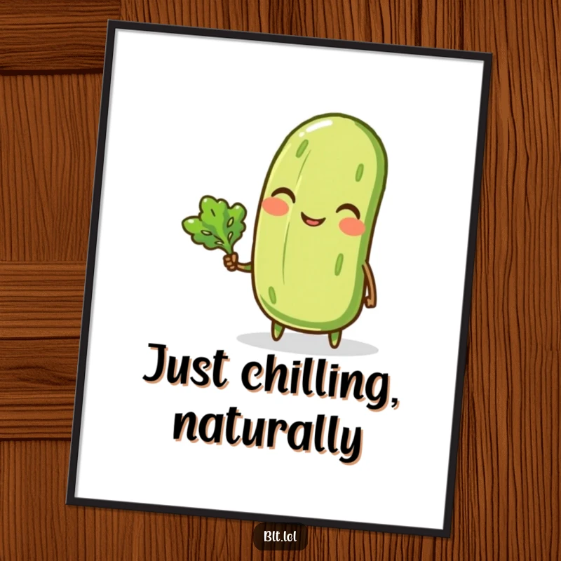 Funny poster showcasing a smiling anthropomorphic pickle winking while holding a small lettuce leaf, adding a cheerful vibe to any wall.