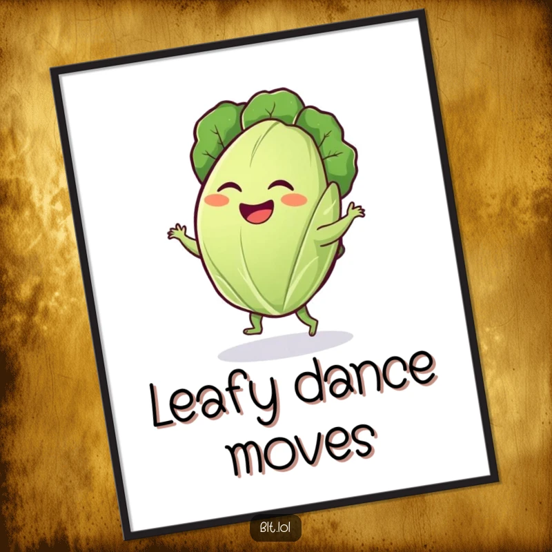 Funny lettuce leaf poster showing a giggling leaf doing a silly dance, bringing whimsical veggie humor to decor.