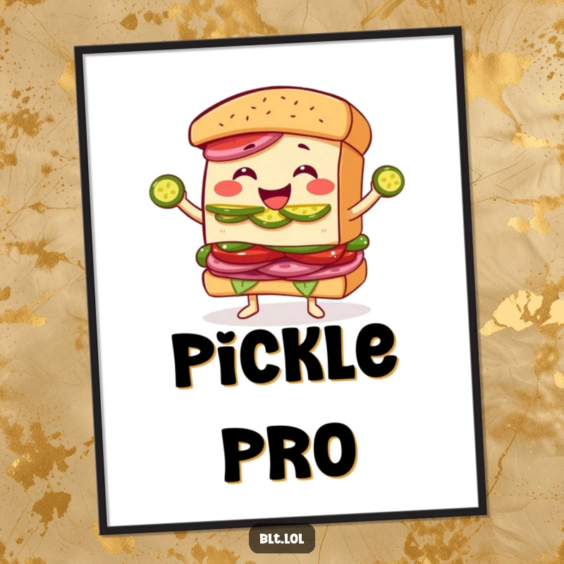 Funny Juggling BLT Sandwich Poster: A humorous art print depicting a delighted BLT sandwich character juggling multiple pickle slices with skill.