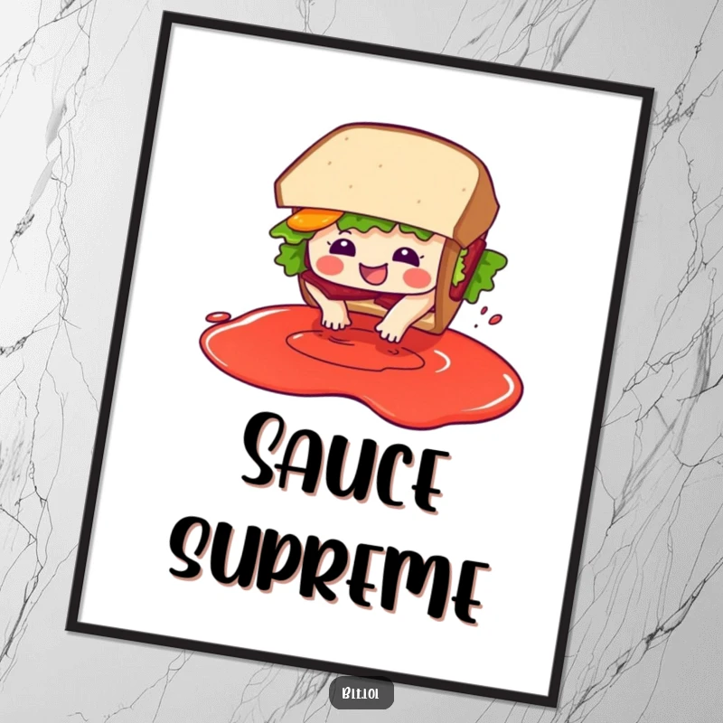 Funny BLT sandwich character in a dynamic pose of diving headfirst into a large pool of imaginary sauce, on art print.