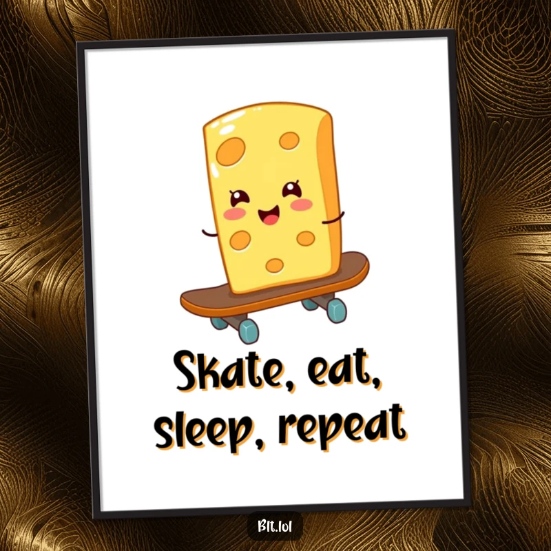 Funny giggling cheese slice on a skateboard, a rad poster bringing humorous energy to wall decor for a funny gift.