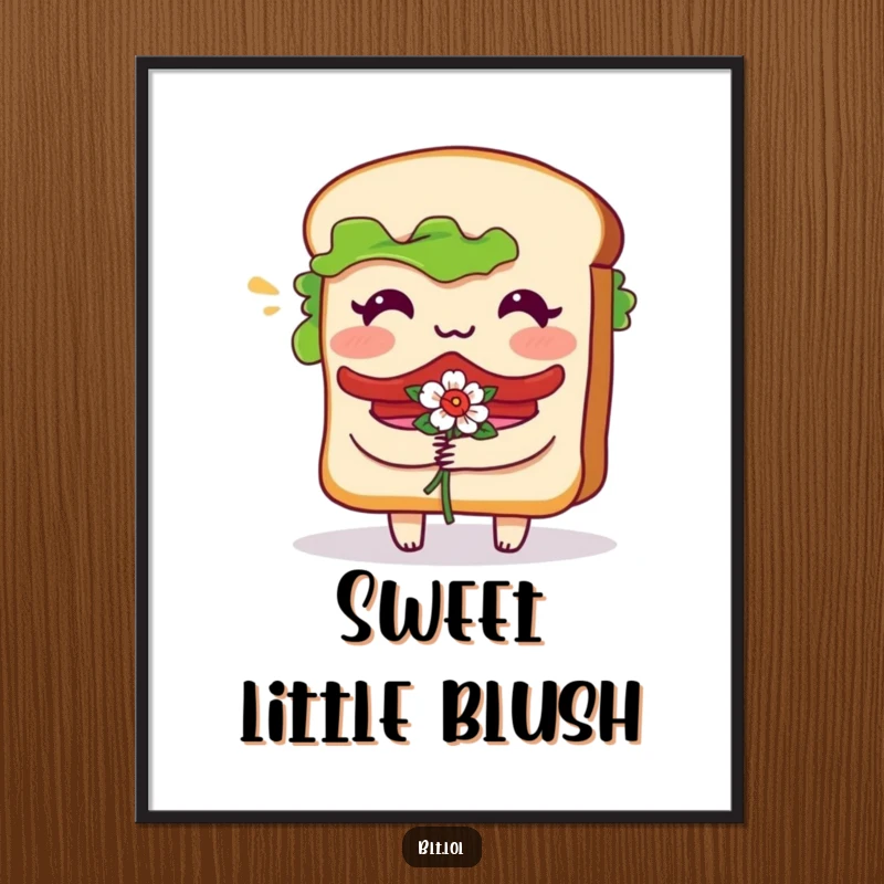Funny Poster of a bashful BLT sandwich character blushing and holding a small floral bouquet, ideal for decorative purposes.