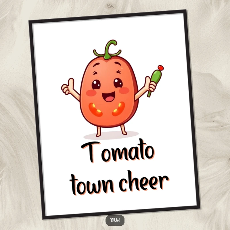 Funny Poster depicting a cheerful tomato slice with outstretched arms waving a tiny pickle spear, radiating pure positivity.