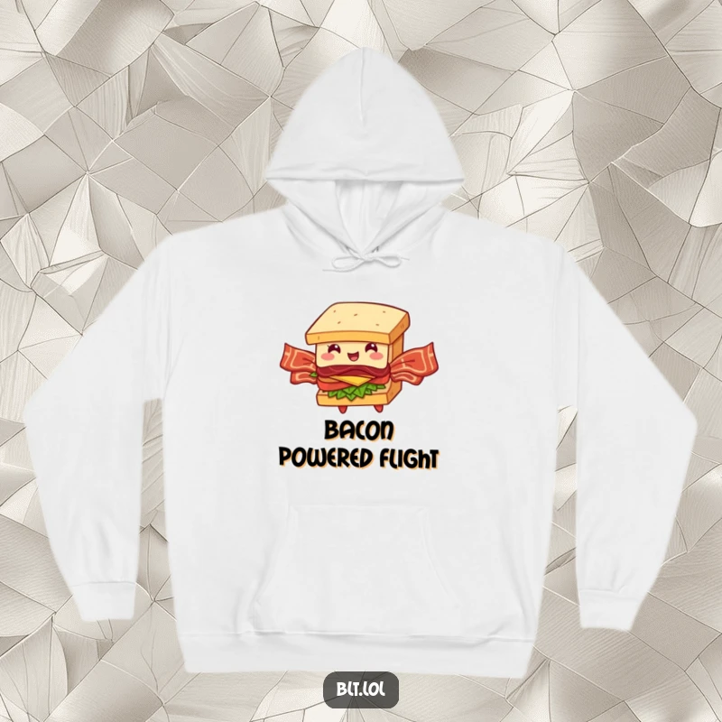 Funny BLT Sandwich Hoodie: Comical sandwich with bacon wings attempts flight, offering a humorous and cozy wearable art piece.