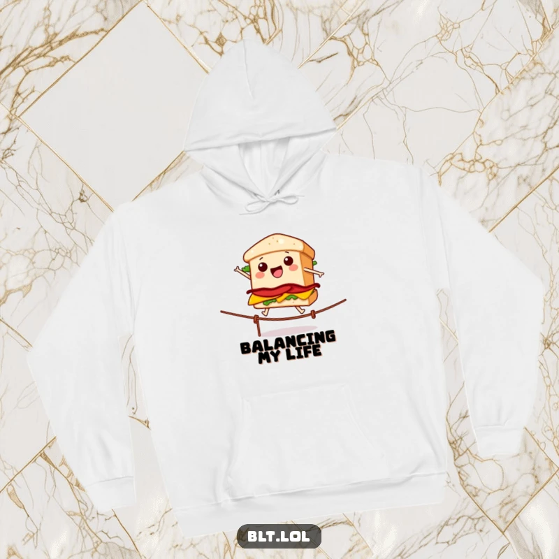 Funny hoodie featuring a brave BLT sandwich walking a tightrope, offering warmth and a quirky sense of adventure.