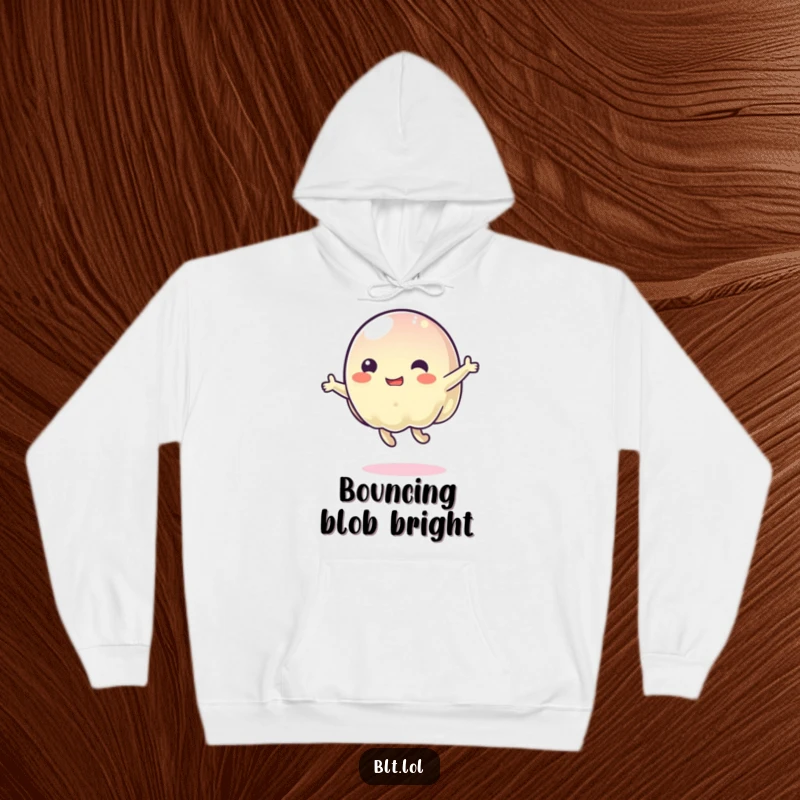 Funny wobbly jelly character bouncing with glee on a soft, cozy hoodie, radiating pure fun and energy.