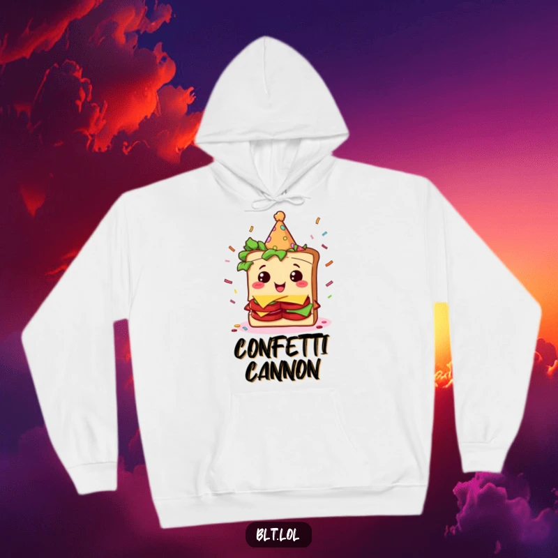 Soft hoodie featuring a funny BLT sandwich character wearing a party hat amidst a shower of confetti.