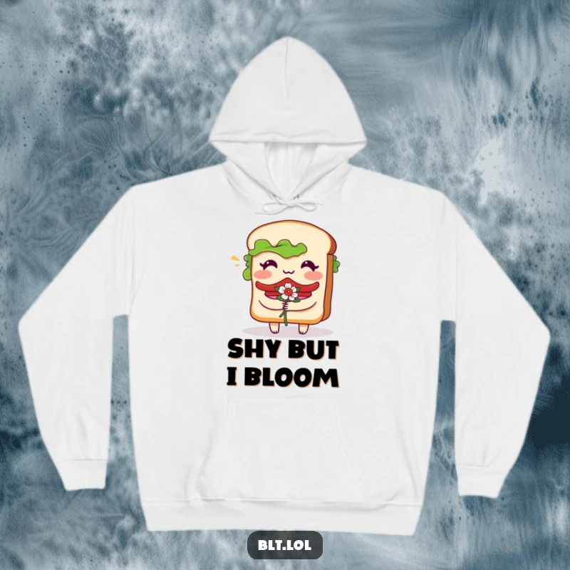 Funny Hoodie featuring a bashful BLT sandwich character blushing and holding a small bouquet of flowers, exuding tenderness.