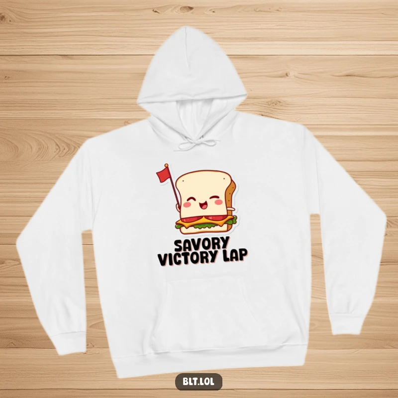 Funny hoodie featuring a winking anthropomorphic BLT sandwich with a tiny flag, offering warm, cheeky comfort.