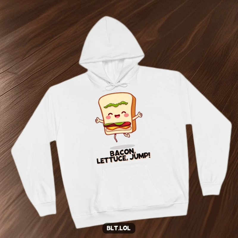 Funny hoodie featuring a BLT sandwich character jumping rope with pure joy, a heartwarming and comical sight for all.