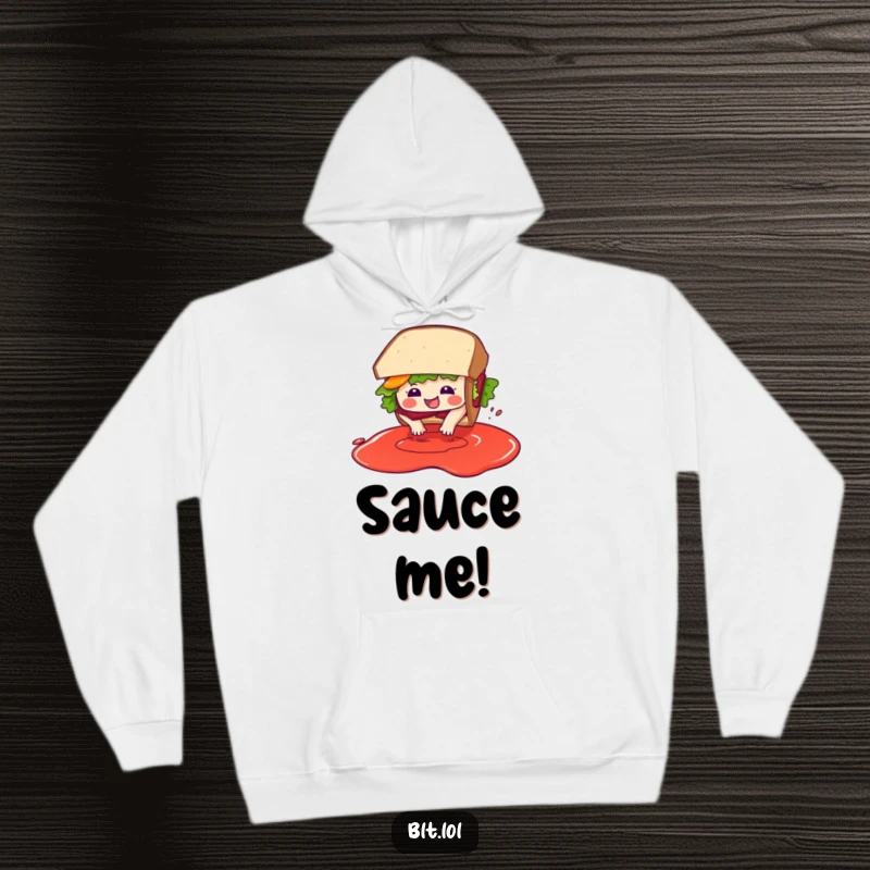 Soft hoodie featuring a funny BLT sandwich character diving with glee into a pool of imaginary sauce.
