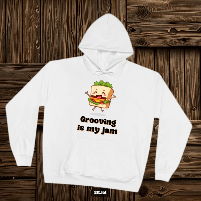 Funny Hoodie featuring a happy BLT sandwich character dancing energetically, with its lettuce leaves wobbling humorously.