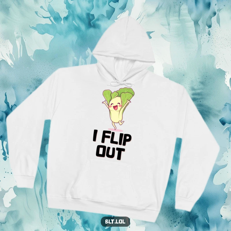 Funny lettuce leaf character doing a dynamic gymnastics flip, depicted on a cozy and fun hoodie.