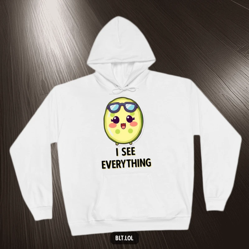 Funny pickle slice character with tiny goggles, expressing shock and surprise on a comfortable hoodie.