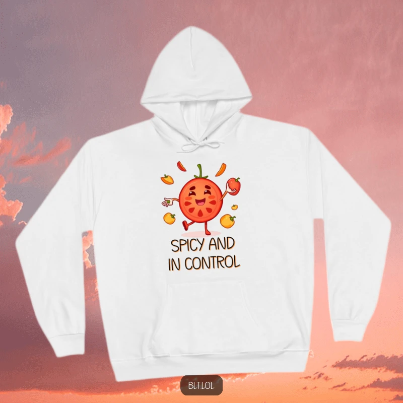 Funny juggling tomato hoodie featuring a joyful character, offering warmth and a touch of playful kitchen artistry.